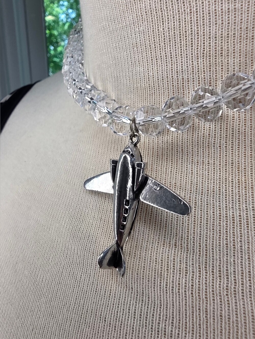Silver Airplane Pendant Necklace with Clear Beads - Unisex Jewelry - Picture 3 of 14